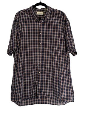Falls Creek Navy Tan and Red Plaid Short-Sleeve Button-Down Shirt